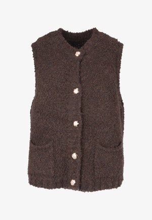 Braun strukturierte Weste ohne Ärmel, mit vier vorderen Knöpfen, zwei Taschen und einem runden Ausschnitt.