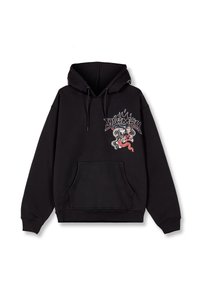Schwarzer Kapuzenpullover mit einer Fronttasche, der ein farbenfrohes Grafikdesign eines Drachen und Flammen im linken Brustbereich zeigt.