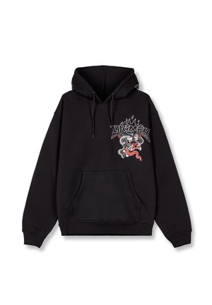Black hooded sweatshirt with a front pocket, featuring a colorful graphic design of a dragon and flames on the left chest area.