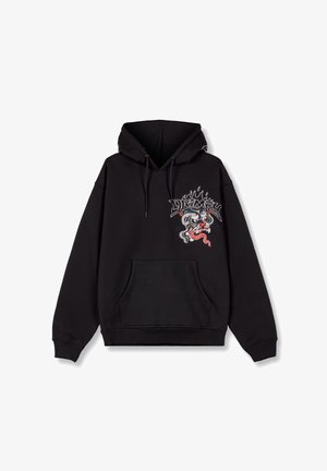 Zwarte hoodie met een voorzak, voorzien van een kleurrijk grafisch ontwerp van een draak en vlammen op de linkerkant van de borst.