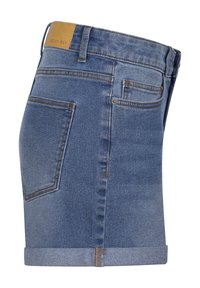 Jeansshorts met een lichtblauwe wassing, voorzien van een omgeslagen zoom, vijf zakken en een tan leren label op de achterkant van de tailleband.