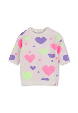 Lichtroze trui met korte mouwen met meerkleurige hart- en stippenpatronen in paars, groen en roze, met een ronde hals en knoopsluiting.