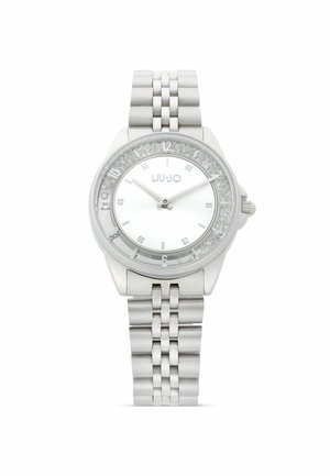 Orologio Liu Jo tono argento con cinturino a maglie in metallo, dettagli in cristallo trasparente intorno alla lunetta e quadrante bianco minimalista con lancette argento.
