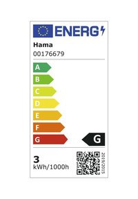 Energieetikett für das Hama-Produkt mit Effizienzklasse G, 3 kWh pro 1000 Stunden und einem QR-Code für weitere Informationen.