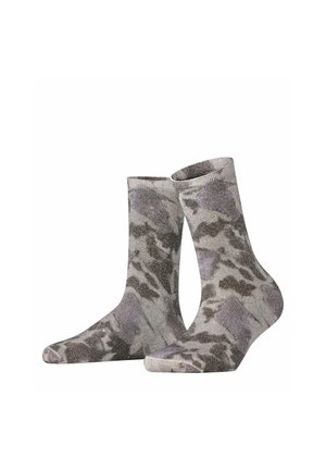 Paar midkuit sokken met een grijs en paars camouflagepatroon getoond tegen een witte achtergrond.