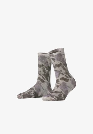 Paar midkuit sokken met een grijs en paars camouflagepatroon getoond tegen een witte achtergrond.