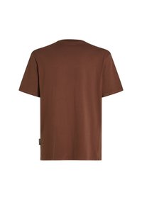 Brun bomulds T-shirt, korte ærmer, rund hals, ensfarvet, glat tekstur, har et lille mærke på venstre side nær kanten.