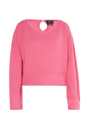 Lyserød, cropped sweater lavet af blødt materiale, med en afslappet pasform, lange ærmer og en nøglehul detalje ved baghalsudskæringen.