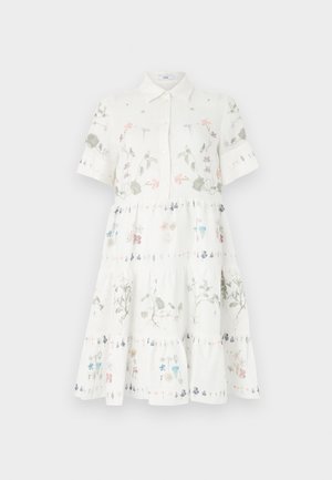 Weißes Kurzarmkleid mit Kragen, mit floralen Drucken in zarten Pastellfarben, gestuftem Design und Knopfverschluss vorne.