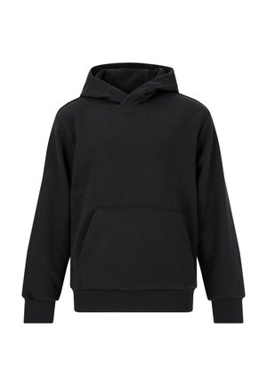 Sort bomulds hoodie med en frontlomme, lange ærmer og hætte med snoretræk. Har ribbede manchetter og nederste kant for en tæt pasform.