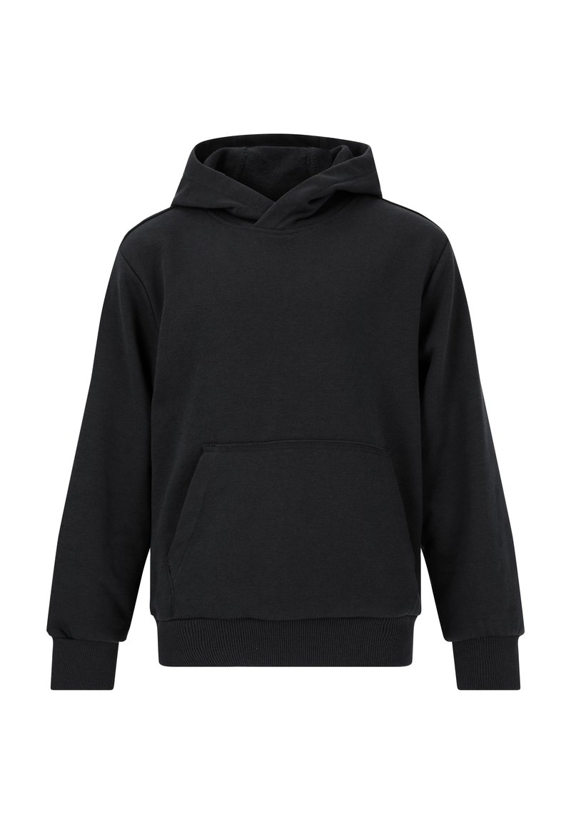 Schwarzer Baumwoll-Hoodie mit einer Vorderasche, langen Ärmeln und einer Kordelzugkapuze. Mit gerippten Bündchen und unterem Saum für eine enge Passform.