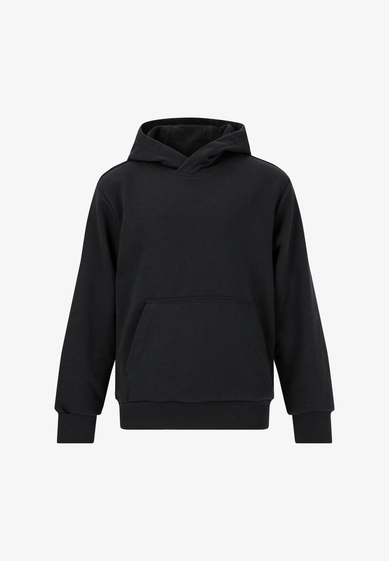 Hoodie en coton noir avec une poche avant, des manches longues et une capuche à cordon. Comprend des bords côtelés aux poignets et à l'ourlet pour un ajustement confortable.