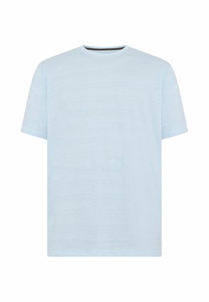 Hellblaues T-Shirt mit kurzen Ärmeln aus weichem Stoff. Verfügt über ein klassisches Rundhalsdesign ohne Muster oder Verzierungen.