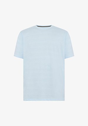 Svetlomodré tričko s krátkym rukávom vyrobené z mäkkej tkaniny. Má klasický okrúhly výstrih bez vzorov alebo ozdôb.