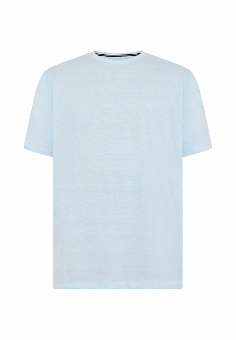 T-shirt azzurro chiaro a maniche corte realizzato in tessuto morbido. Presenta un design classico a girocollo senza fantasie o decorazioni.
