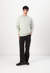 Lys grøn tekstureret sweatshirt med ribbede manchetter, parret med sorte cargo-bukser og sorte sneakers med hvide accenter. Neutral baggrund.