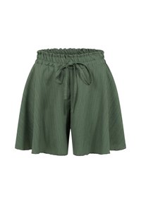 Shorts amples verts olive en tissu texturé, taille élastique et lien à nouer à l'avant, présentés sur un fond blanc.