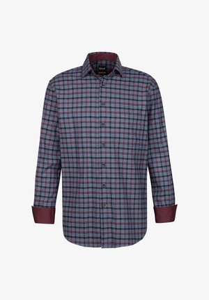 Camicia a maniche lunghe da uomo in tessuto a quadri blu, bordeaux e grigio, con colletto, chiusura a bottoni e polsini bordeaux a contrasto.
