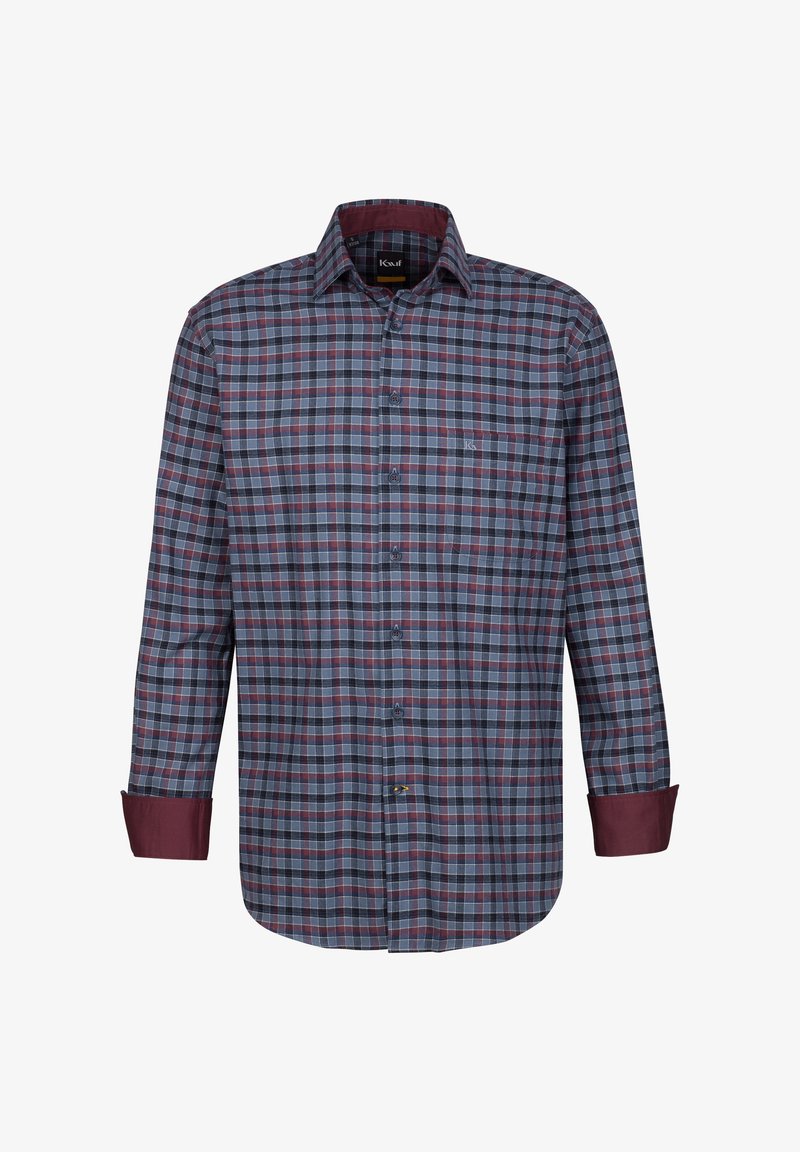 Camicia a maniche lunghe da uomo in tessuto a quadri blu, bordeaux e grigio, con colletto, chiusura a bottoni e polsini bordeaux a contrasto.