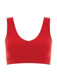 Roter nahtloser Croptop mit glatter Textur, breiten Trägern und einem tiefen V-Ausschnitt. Keine sichtbaren Beschläge oder Muster.