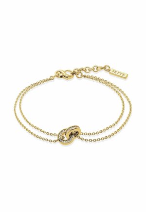 Goldene Kettenarmband mit zwei Strängen, das einen zentralen Verschluss mit ineinander verwobenen Design und kleinen Strasssteinen aufweist. Enthält ein Markenetikett.