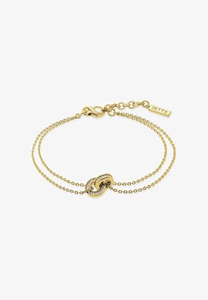 Gouden kettingarmband met twee strengen, met een centrale sluiting met een verwoven ontwerp en kleine strass steentjes. Inclusief merklabel.