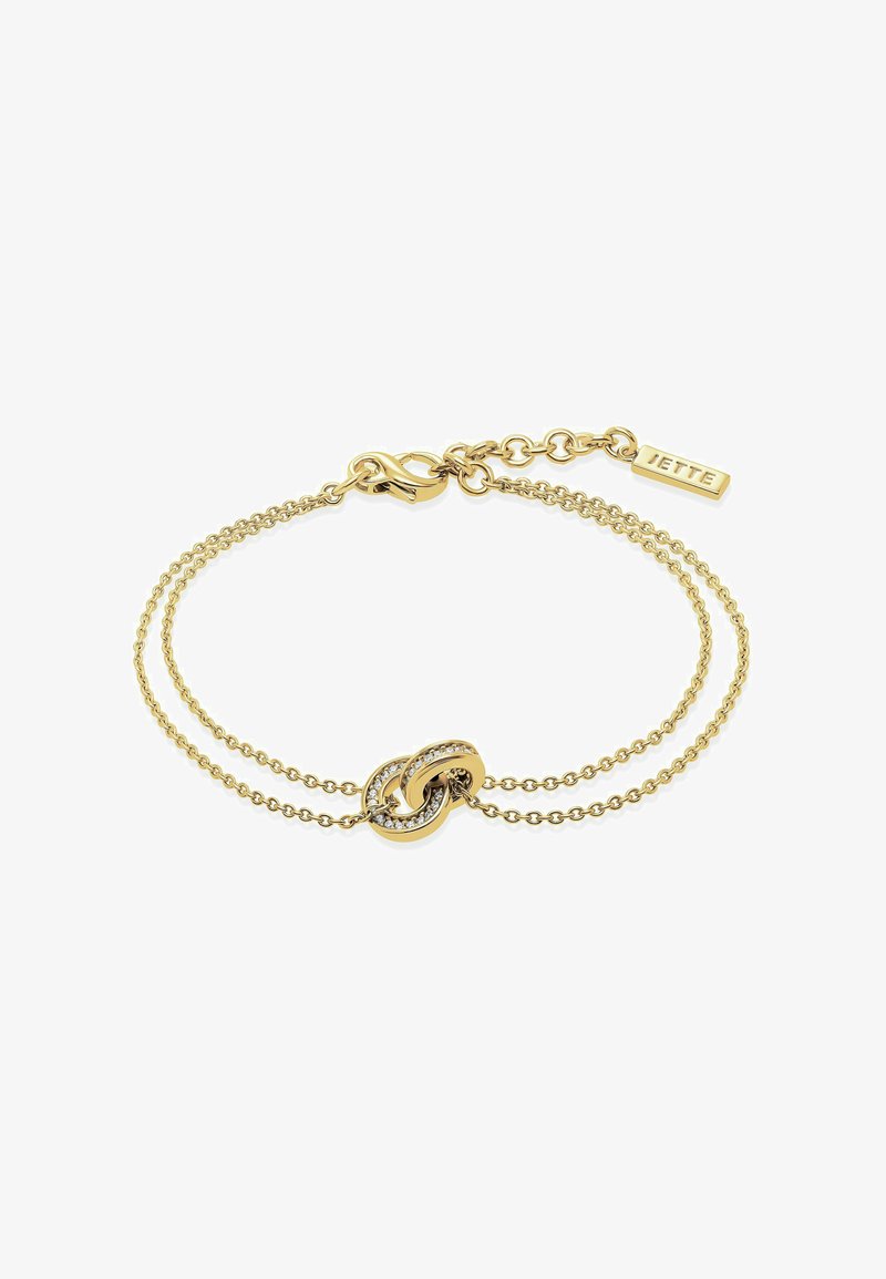 Goldene Kettenarmband mit zwei Strängen, das einen zentralen Verschluss mit ineinander verwobenen Design und kleinen Strasssteinen aufweist. Enthält ein Markenetikett.