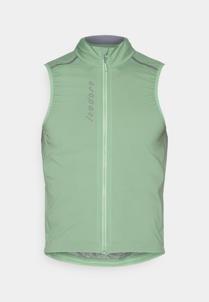 Sleeveless cycling vest in light green, with a high collar and front zipper. Features reflective accents and a fitted design. Smooth, lightweight fabric.