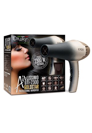 Asciugacapelli professionale con potenza di 2300W, due impostazioni di calore e velocità, mostrato con confezione raffigurante una donna con capelli lunghi.