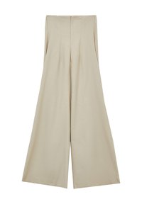 Jumpsuit beige a gamba larga con busto strutturato, dettagli plissè lungo il davanti e zip invisibile sul retro. Tessuto liscio e elasticizzato.