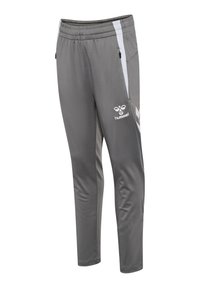 Grijze sportbroek met witte strepen aan de zijkant, ritszakken, elastische tailleband en een wit Hummel-logo op het bovenbeen.