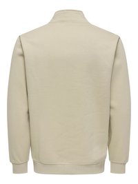 Sweat-shirt beige à manches longues avec poignets et ourlet côtelés, vu de dos avec un col montant et sans logos ni motifs visibles.