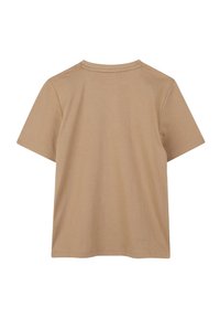 T-shirt in cotone khaki con maniche corte, colletto rotondo e una texture liscia. Design semplice, senza motivi visibili o dettagli hardware.