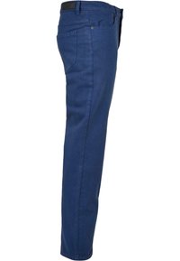 Pantalons bleu marine en mélange de coton, avec une coupe droite, cinq poches, et une texture lisse avec un léger éclat.