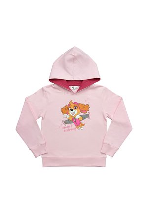 Hellrosa Kinder-Hoodie mit einer Grafik eines lächelnden Hundes in rosa Ausrüstung und dem Text "smart & strong" auf der Vorderseite.