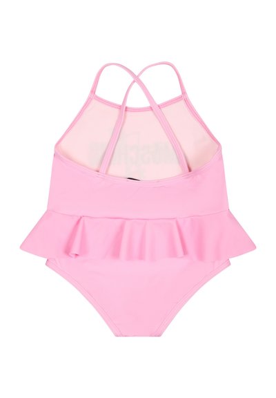 Roze badpak met een uitlopende volant bij de taille, voorzien van een crisscross schouderbandontwerp. Gemaakt van glad stretchmateriaal.
