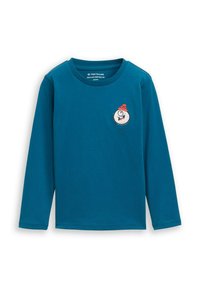Türkise Langarmshirt aus weichem Baumwollmaterial, mit Rundhalsausschnitt und einem weißen Schneemannmotiv mit rotem Hut auf der Brust.