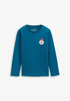 Aqua langemouwen shirt van zachte katoen, met een ronde halslijn en een witte sneeuwpopafbeelding met een rode hoed op de borst.