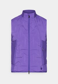 Veste sans manches matelassée violette avec un col haut, dotée d'une fermeture éclair à l'avant et de panneaux latéraux texturés contrastants.
