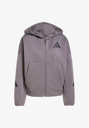 Felpa grigia con zip e cappuccio, caratterizzata da una superficie liscia, tasche frontali e dettagli in logo nero sul petto e sulle maniche.