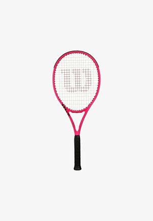 Bright pink tennis racket with a rounded head, black grip, and white stringing. Features Wilson logo in the center of the strings.