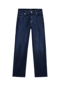 Jeans in denim blu scuro con design a gamba dritta, cinque tasche e accessori in ottone. Texture liscia con sbiaditure minime.