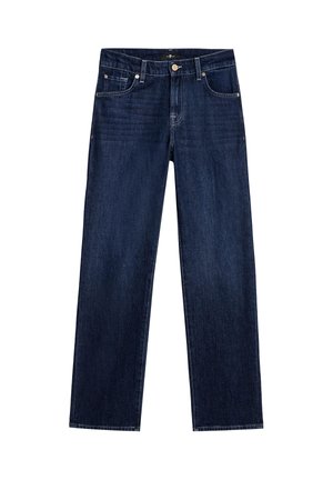 Dunkelblaue Denim-Jeans mit geradem Bein, Fünf-Taschen-Stil und Messingbeschlägen. Glatte Textur mit minimalem Ausbleichen.