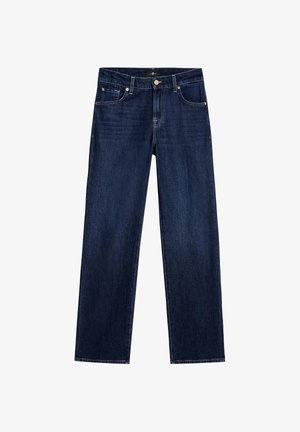 Mørkeblå denimjeans med lige ben, fem-lomme design og messing hardware. Glat tekstur med minimal falmning.