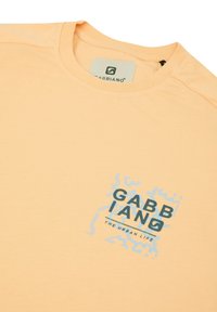  ferskenfarvet bomulds t-shirt med rund halsudskæring og korte ærmer. Har et trykt design med "GABBANO" og "THE URBAN LIFE" i blåt.