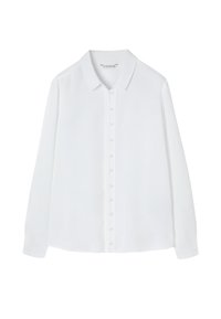 Witte longsleeve shirt van lichtgewicht stof, met een klassieke kraag en een knoopsluiting aan de voorkant met doorzichtige knopen.