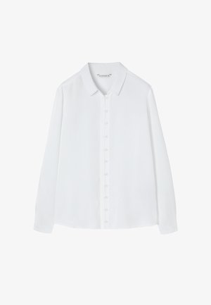 Valge pika varrukaga särk, mis on valmistatud kergest kangast, klassikalise krae ja selgete nööpidega ees.