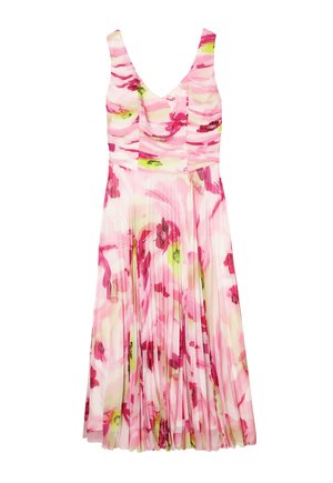 Bloemenjurk in roze en groene tinten met geplooide rok, v-hals en verstelbare bandjes. Lichtgewicht stof met abstracte patroon details.