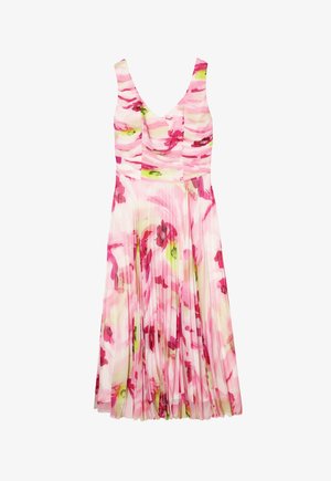 Rochie florală în nuanțe de roz și verde, cu fustă plisată, decolteu în formă de V și bretele ajustabile. Material ușor, cu detalii abstracte.