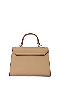 Beige Ledertasche mit strukturierter Silhouette. Verfügt über einen oberen Griff, kontrastierende braune Akzente und einen Klappenverschluss.